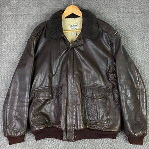 Vintage LL Bean G1 Leather Bomber Jacket Mens Large Flight Brown Shearling Lined